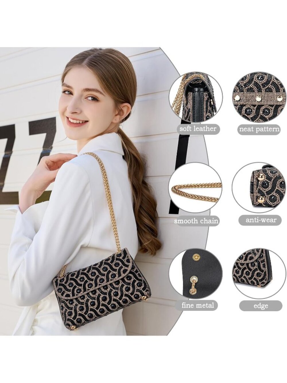 〽️Women's Black Crystals Rhinestone Chain Strap Square Flower Evening Handbags - Picture 4 of 6